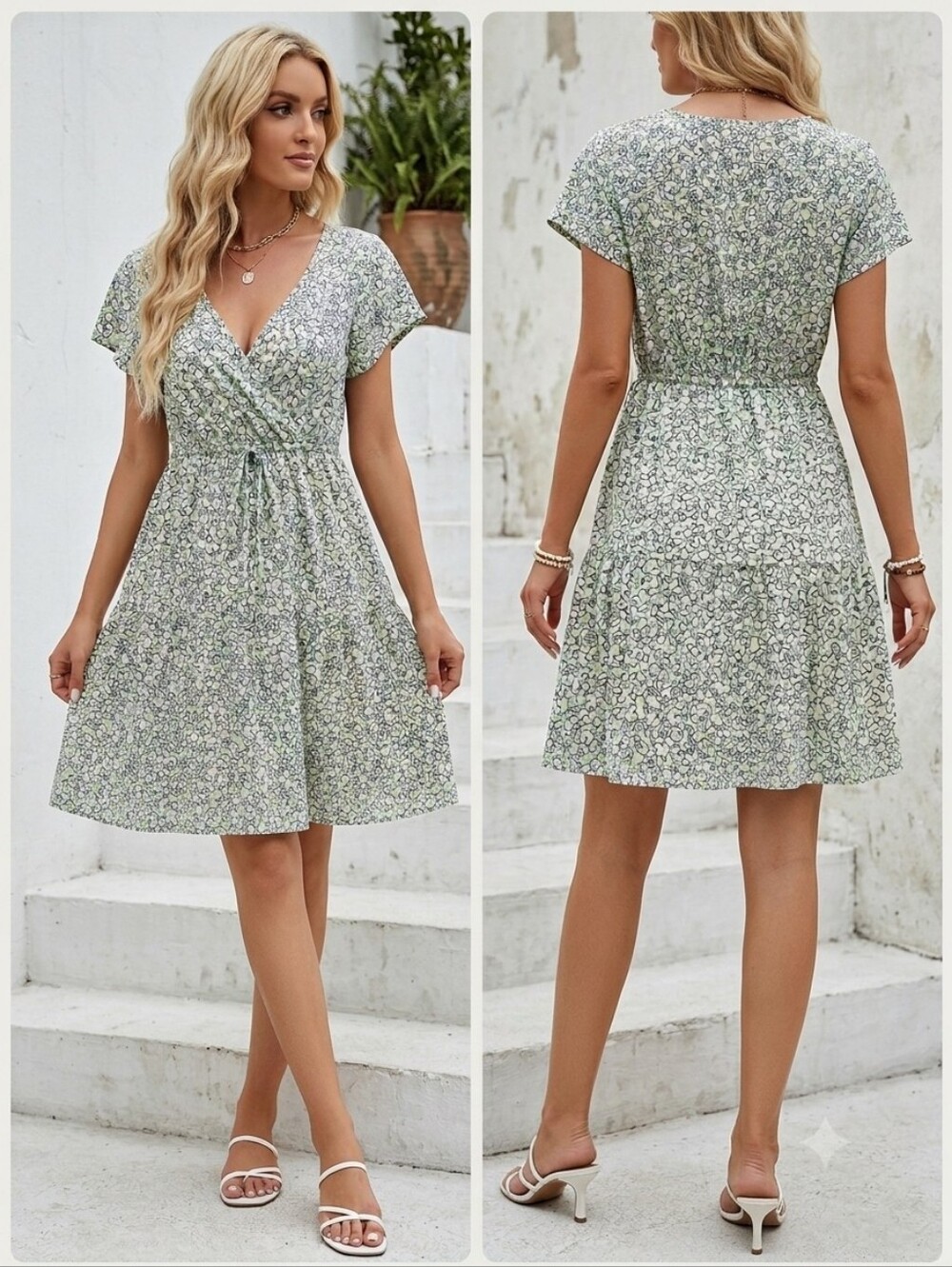 Derek Heart Light Green Floral Wrap-Style Mini Dress